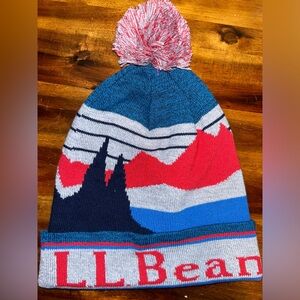 L. L. Bean KATAHDIN Knit Pom Beanie Toboggan Hat Blue Mountain Trees Retro 80s